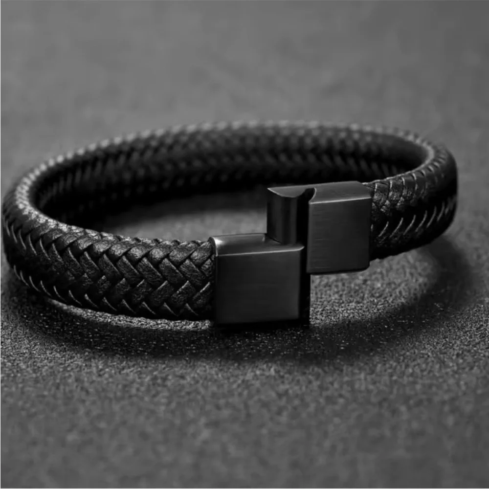 Men's Black Braided Leather Bracelet